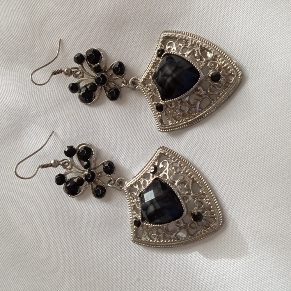 Women's large statement earrings silver and black